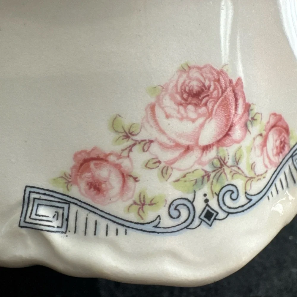 Rare 1941 Homer Laughlin Creamer Pitcher 3 Pink Peonies w/ Blue Geometric Scroll